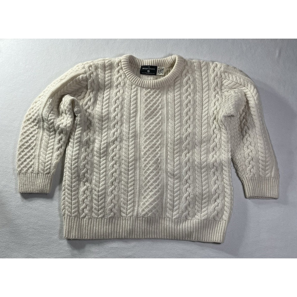 THE IRISH STORE Thick 100% MERINO Wool Aran L FISHERMAN Sweater MADE IRELAND
